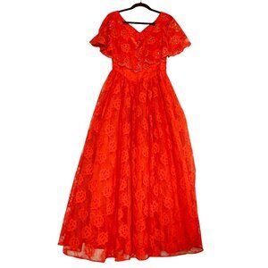Vintage Handmade Red Lace Gown With Sequins, Tulle and Satin Lining